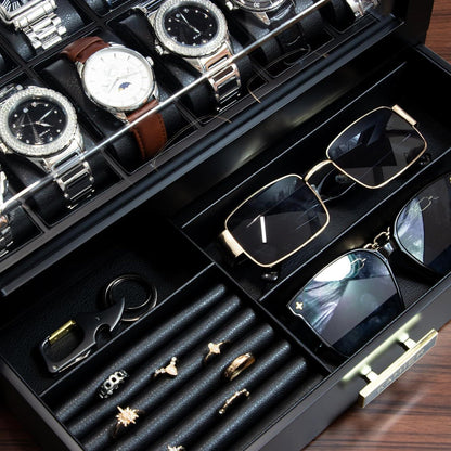 Uhrenbox Herren Echtholz 12 Fächer Lederkissen Schublade - Schwarz