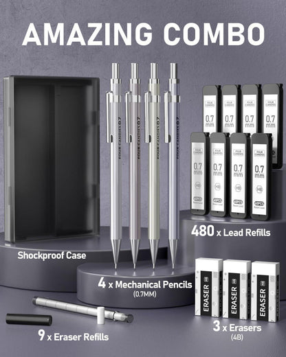 4 Stück Druckbleistift Set 0,7mm Metall HB #2 Blei 4B Radiergummi