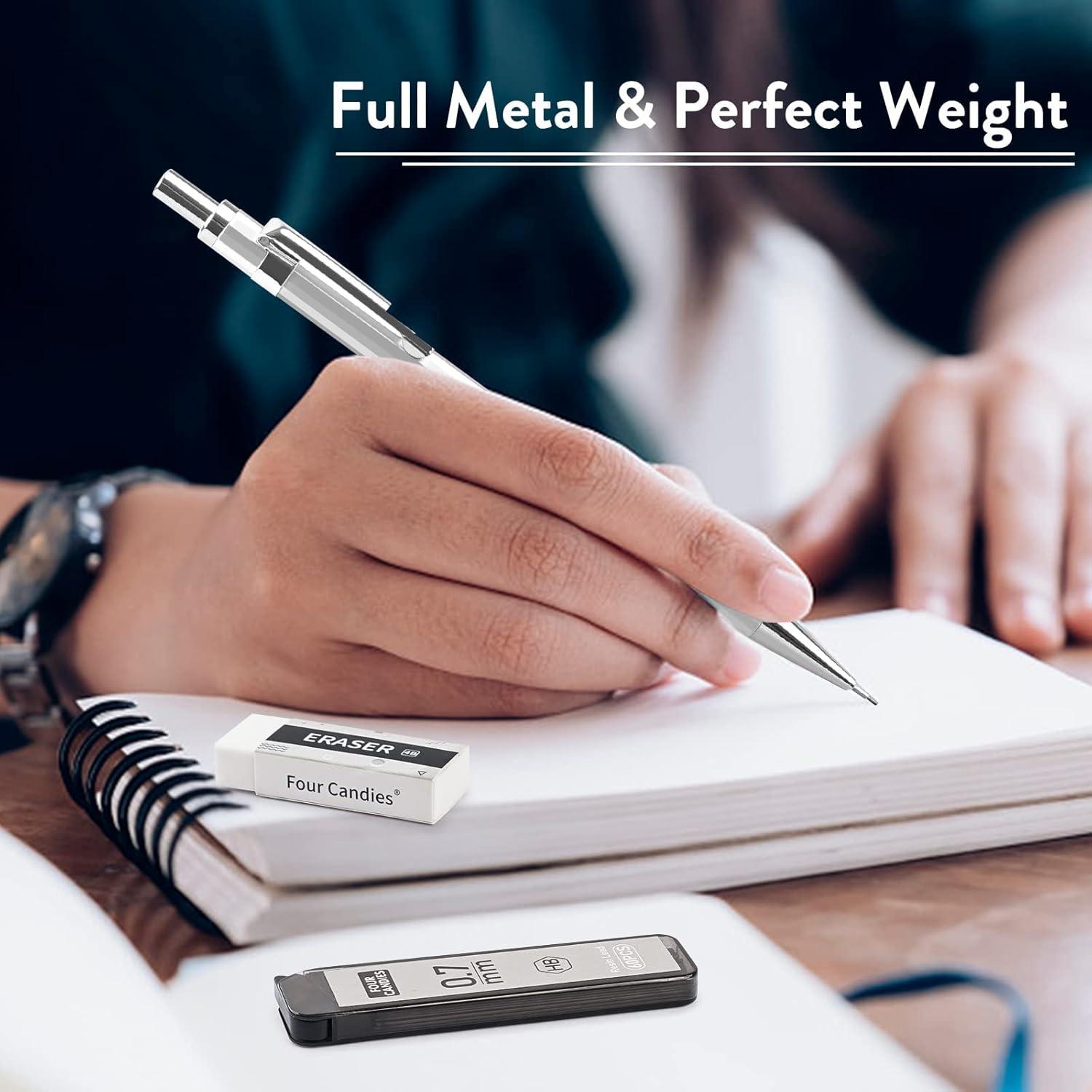 Professionelles Druckbleistift Set mit Metallgehäuse, 4 Stück 0,7 mm Minenbleistifte, 8 Tuben HB Blei, 3 Stück 4B Radiergummi, Etui, zum Schreiben und