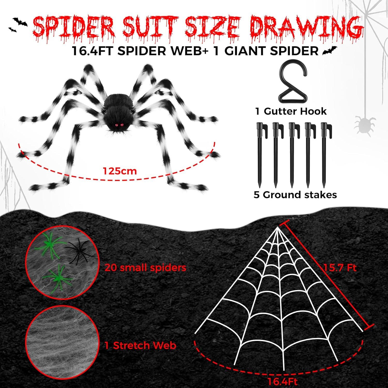 Halloween Deko Outdoor Spinne Set 127cm mit Großem Spinnennetz