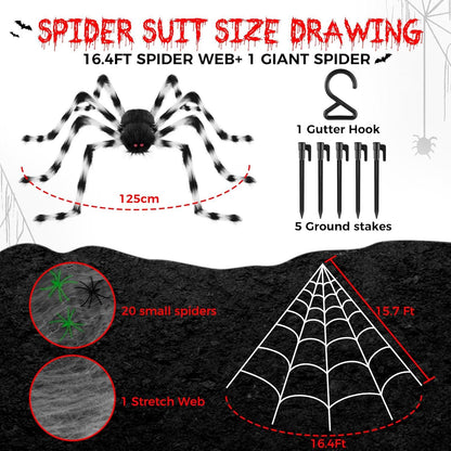 Halloween Deko Outdoor Spinne Set 127cm mit Großem Spinnennetz