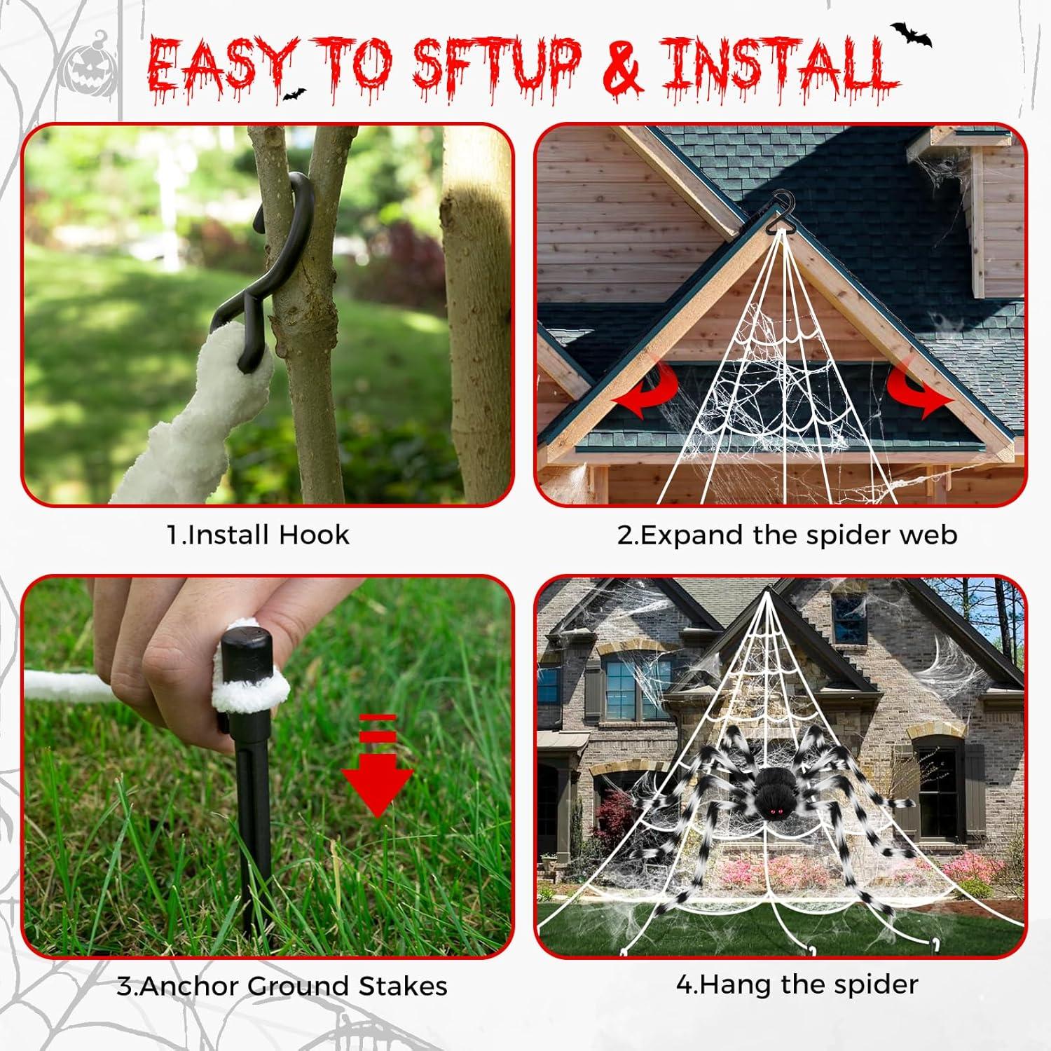 Halloween Deko: Große Spinne mit Riesenspinnennetz - Horror Outdoor Garten Dekoration 127cm