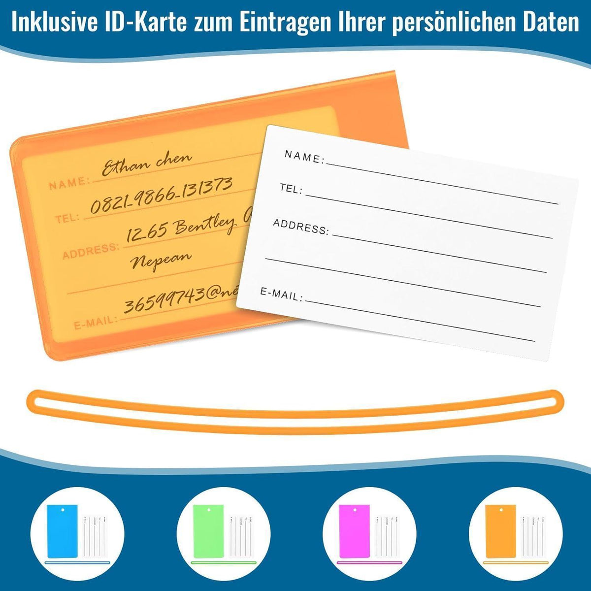 4er-Set Kofferanhänger mit Adressfeld – Bunt & Wasserdicht