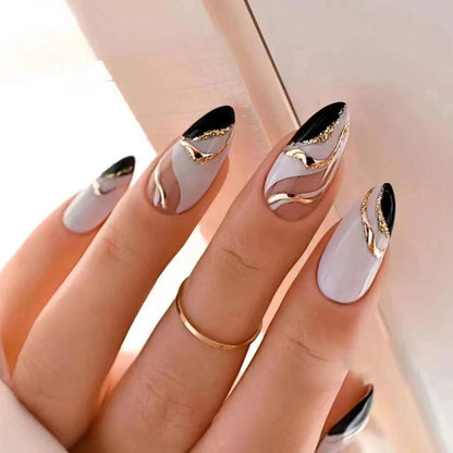 Gold Gestreift Mandel Nägel Zum Aufkleben Kurz French Press on Nails