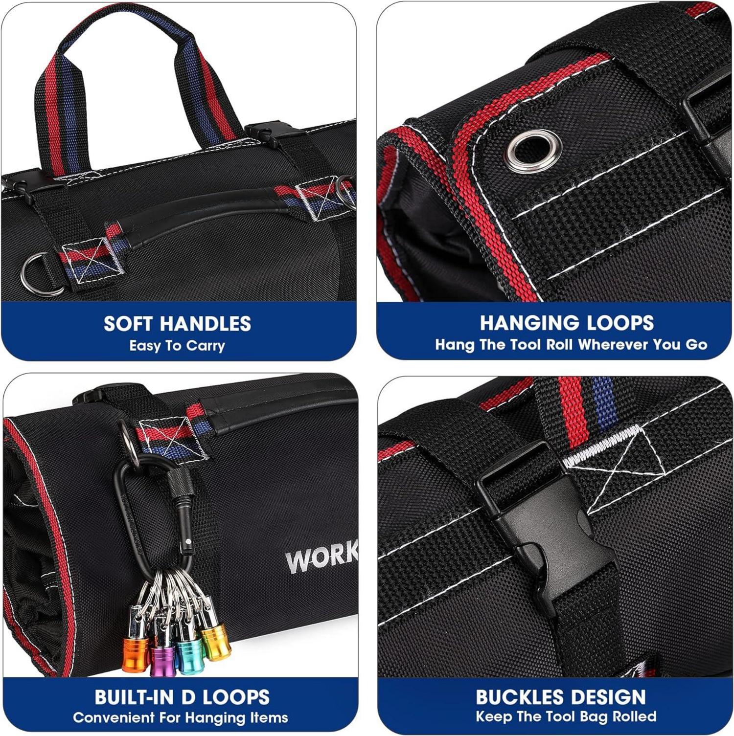 WORKPRO Werkzeugtasche Rolltasche 57*36cm 720D Polyester 2 abnehmbare Taschen 4 Reißverschlusstaschen Elektriker Handwerker