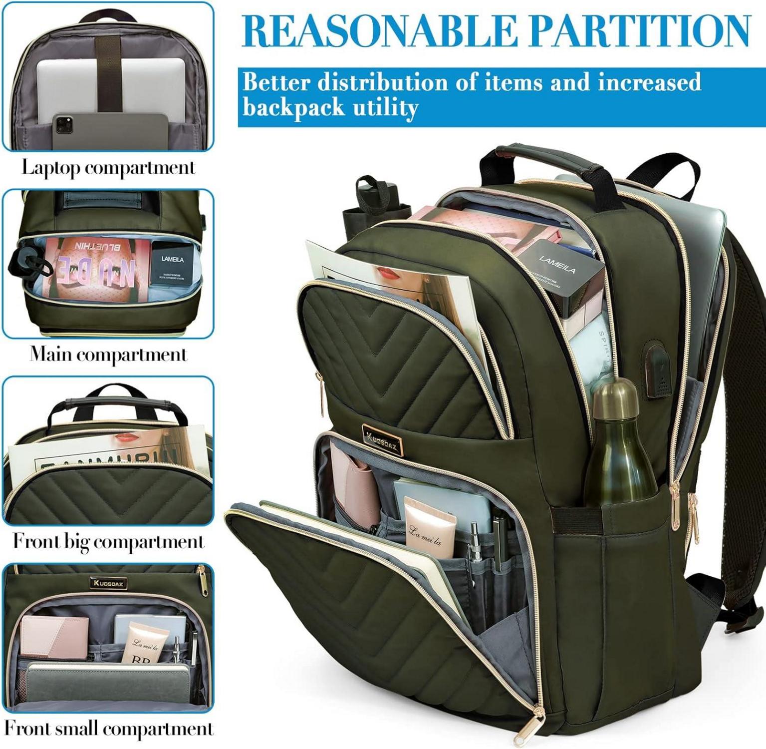 Kuosdaz Damen Rucksack 15,6 Zoll USB Ladeanschluss Olivgrün