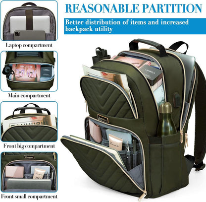 Kuosdaz Damen Rucksack 15,6 Zoll USB Ladeanschluss Olivgrün