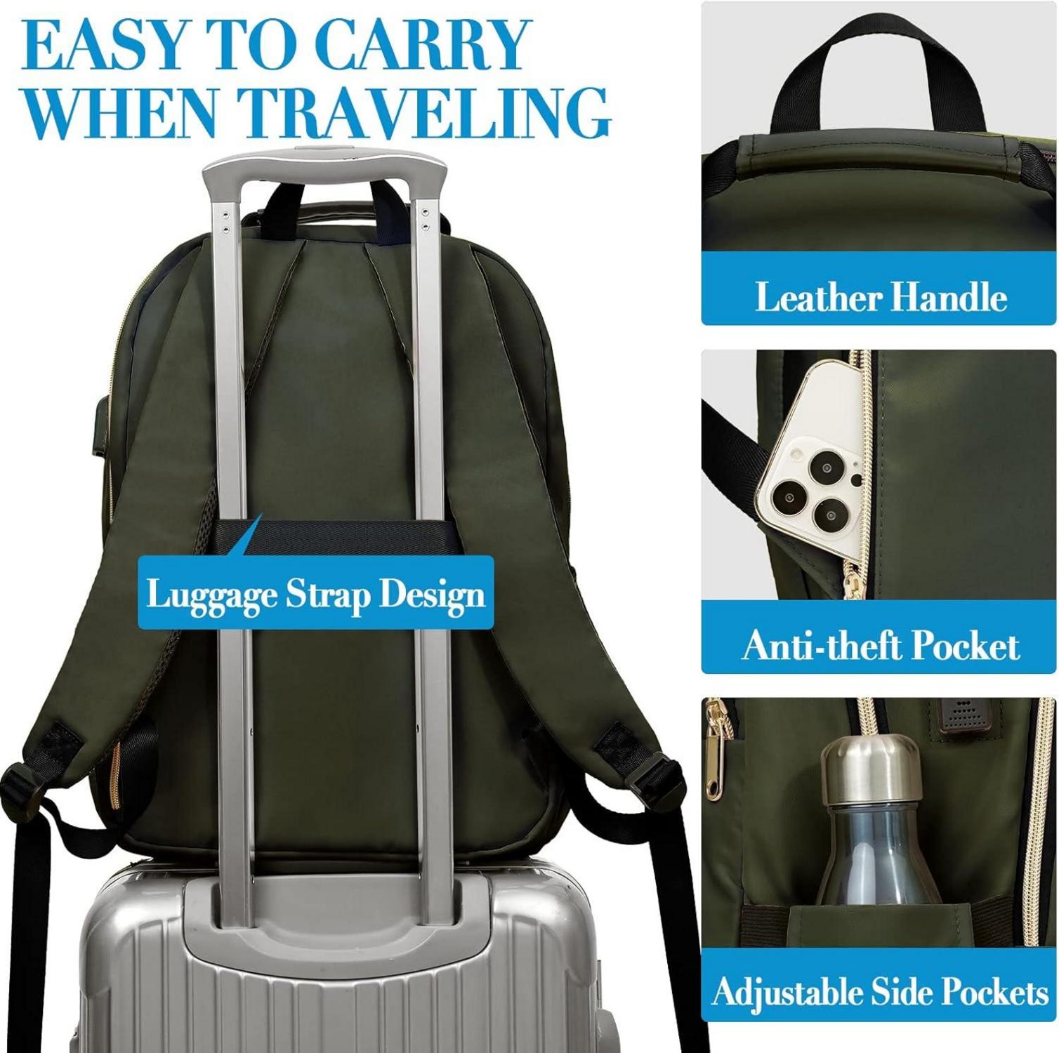 15,6 Zoll Damen Rucksack USB Ladeanschluss Olivgrün Daypack