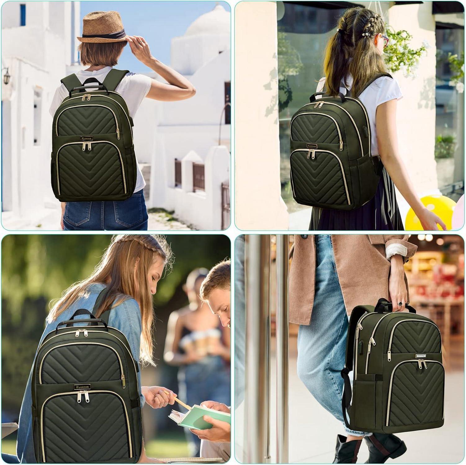 15,6 Zoll Damen Rucksack USB Ladeanschluss Olivgrün Daypack