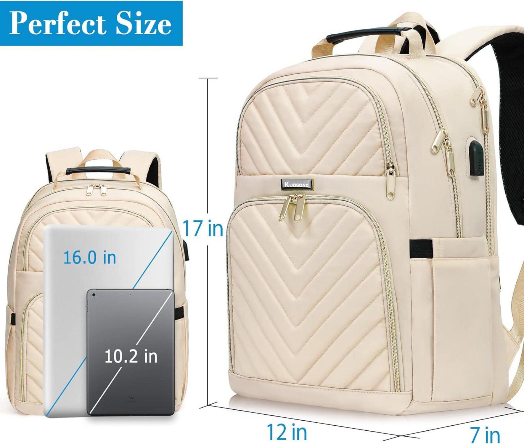 Kuosdaz Rucksack Damen 15.6 Zoll USB Ladeanschluss Laptop Daypack Wasserdicht Beige 30L