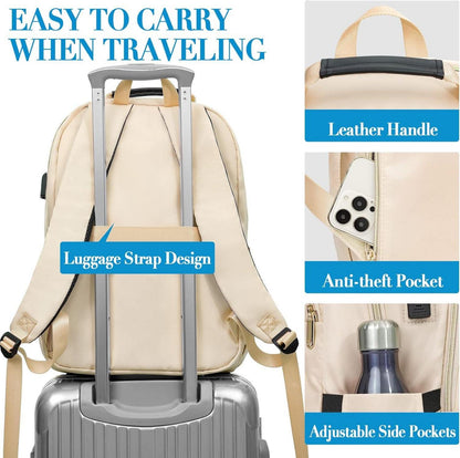 Kuosdaz Damen 15.6 Zoll USB Laptop Rucksack Daypack Beige 30L