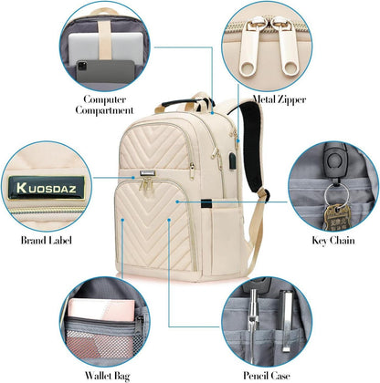 Wasserdichter Damen Rucksack 15.6 Zoll USB Laptop Daypack Beige 30L