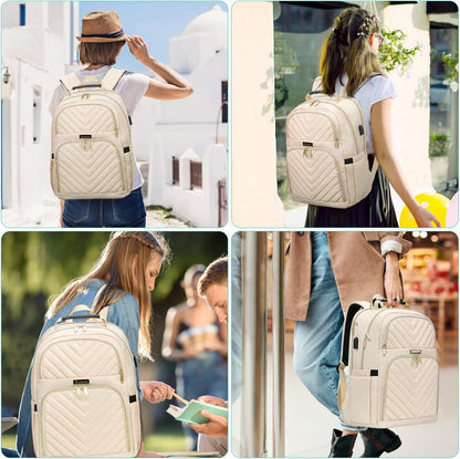 Kuosdaz Damen 15.6 Zoll USB Laptop Rucksack Daypack Beige 30L