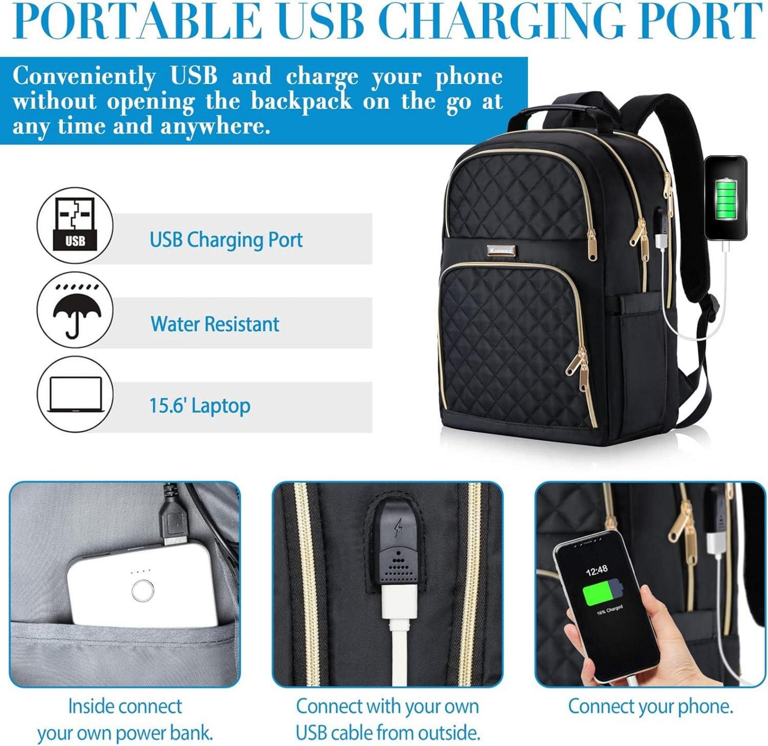 Stylischer Damen Laptop Rucksack mit USB 15.6 Zoll Schwarz