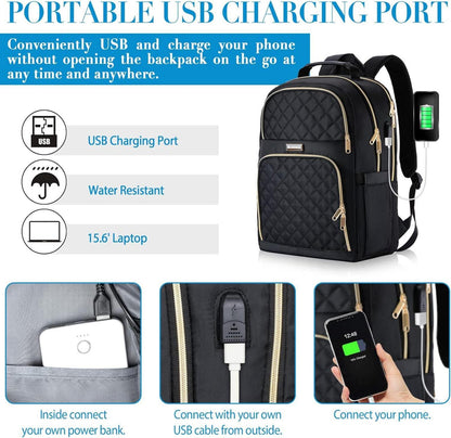 Stylischer Damen Laptop Rucksack mit USB 15.6 Zoll Schwarz