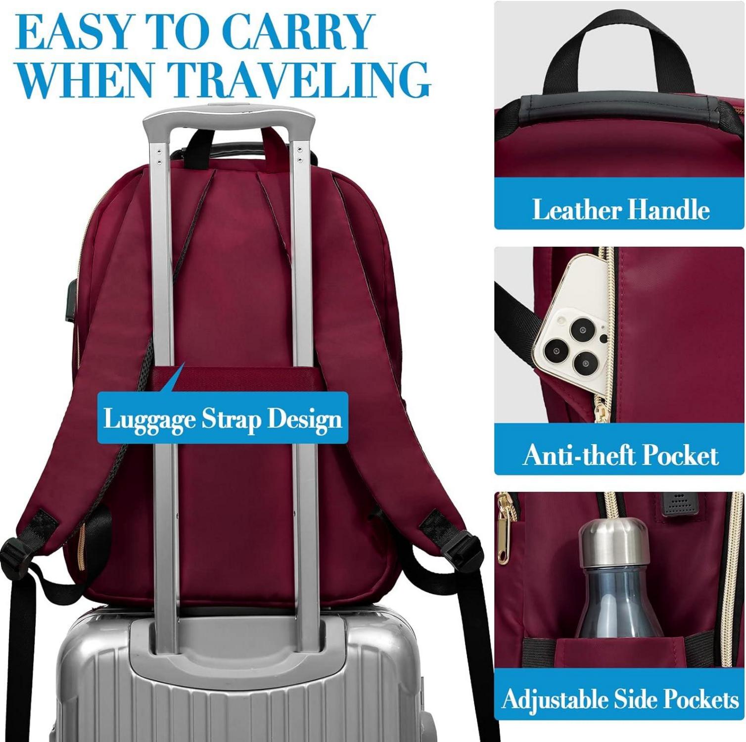 Damen Rucksack 15.6 Zoll USB Laptop Daypack Schulrucksack Wasserdicht Rot