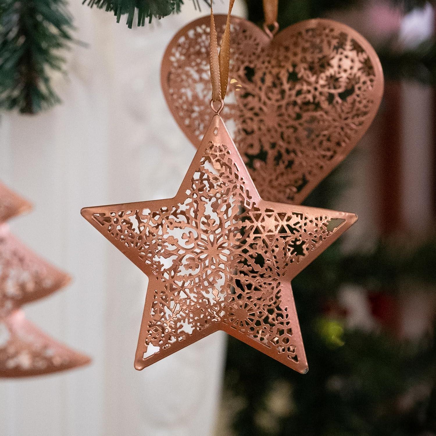 6er Set 11cm Weihnachtsbaumschmuck Bronze Metallanhänger Herzen Sterne