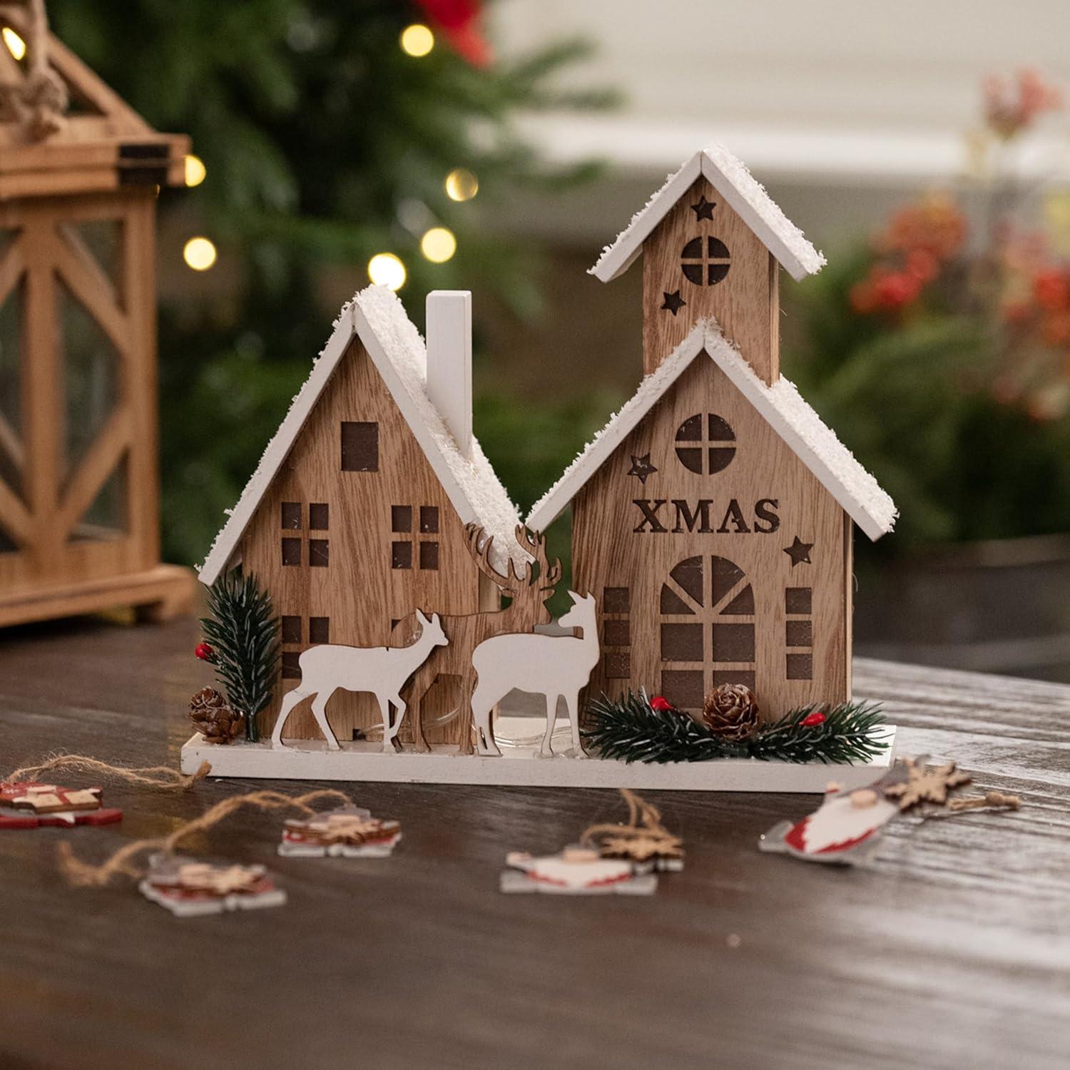 LED Weihnachtsdeko Holzhütte Elch Winterlandschaft 20.5x23cm