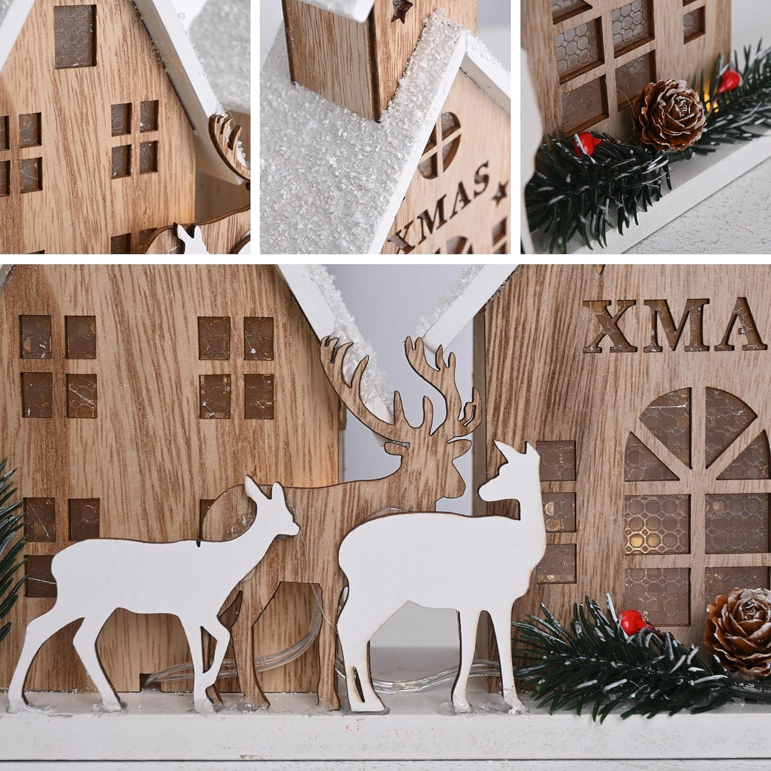 Holz Weihnachtsdeko mit LED Licht, Skandinavische Hütte Elch Baum Winter, 20.5x23cm