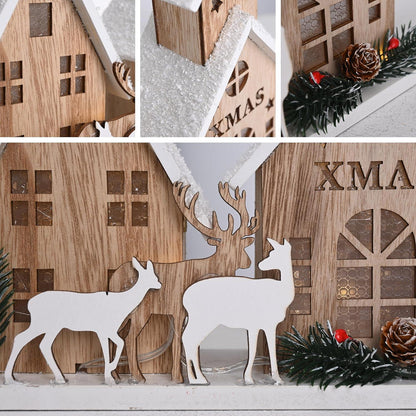 Holz Weihnachtsdeko mit LED Licht, Skandinavische Hütte Elch Baum Winter, 20.5x23cm