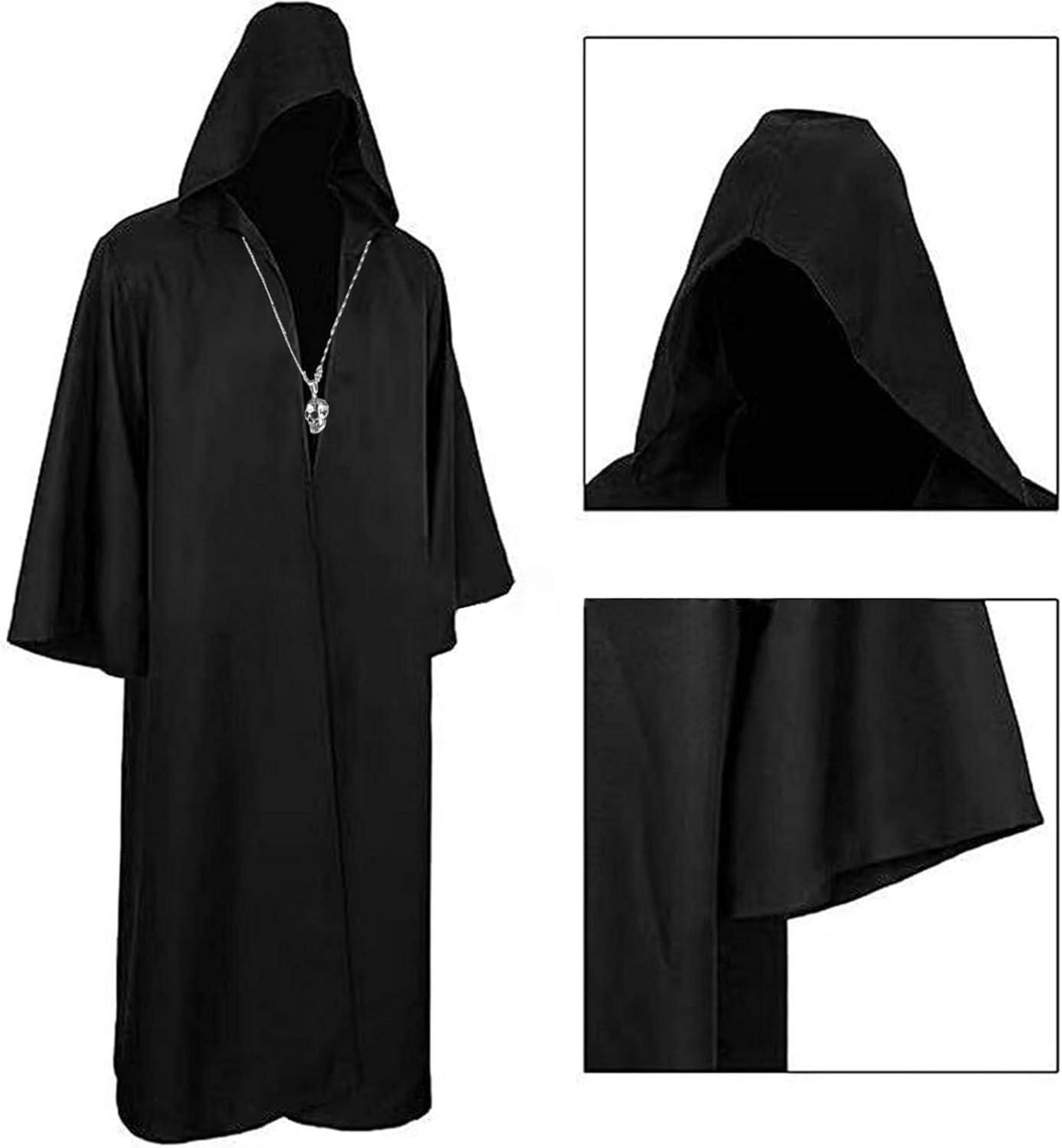 Schwarzer Kapuzenumhang mit Totenkopf-Halskette für Halloween