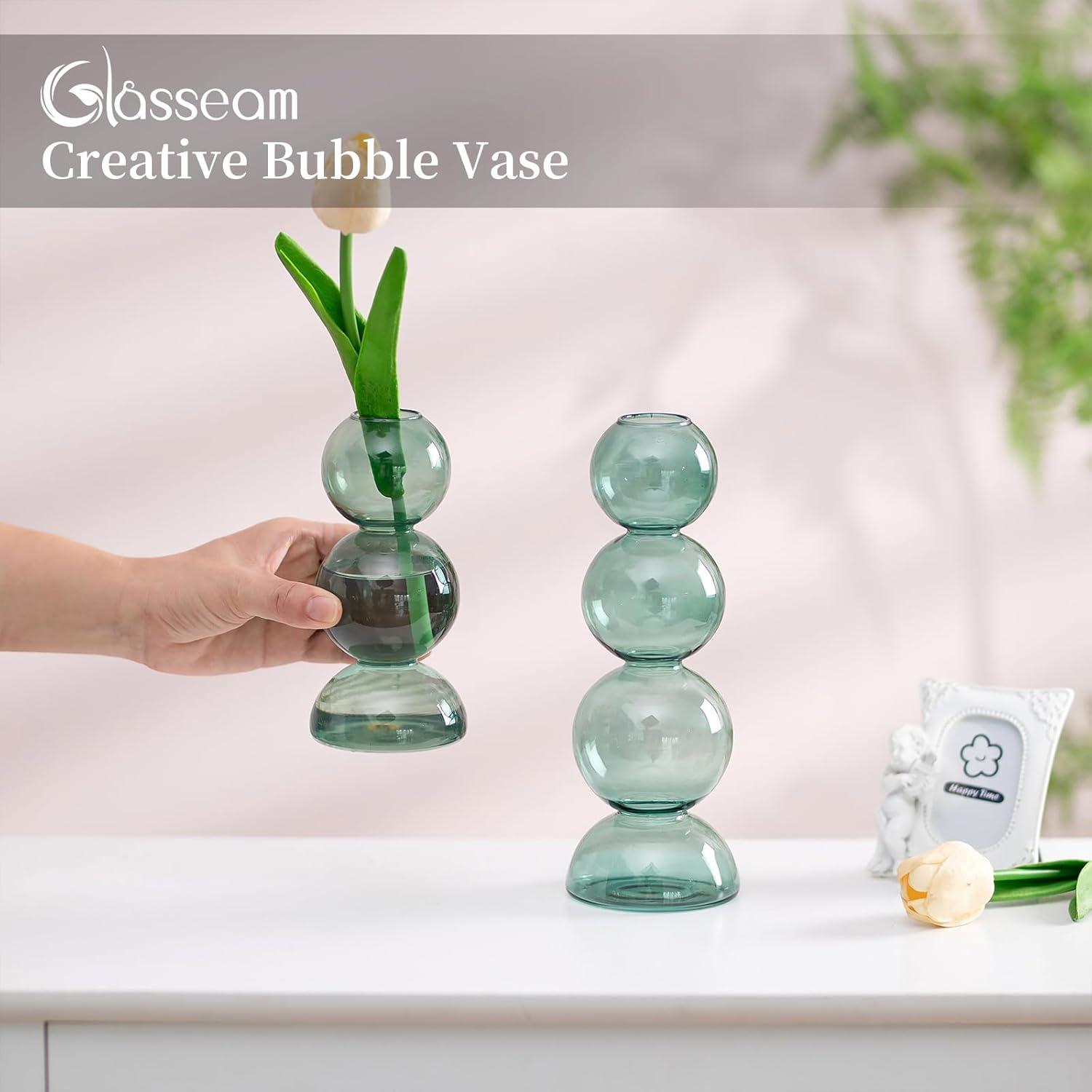 Glasseam Runde Glasvase Set 2 Grüne Moderne Blumenvasen Tischdekoration