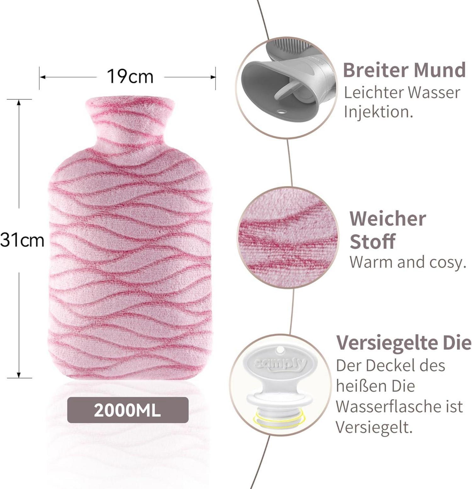Wärmflasche 2L mit Bezug,Waschbar und Abnehmbar,Kälteschutz für Erwachsene und Kinder-Roseo