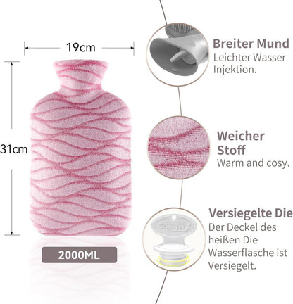 Wärmflasche 2L mit Bezug,Waschbar und Abnehmbar,Kälteschutz für Erwachsene und Kinder-Roseo