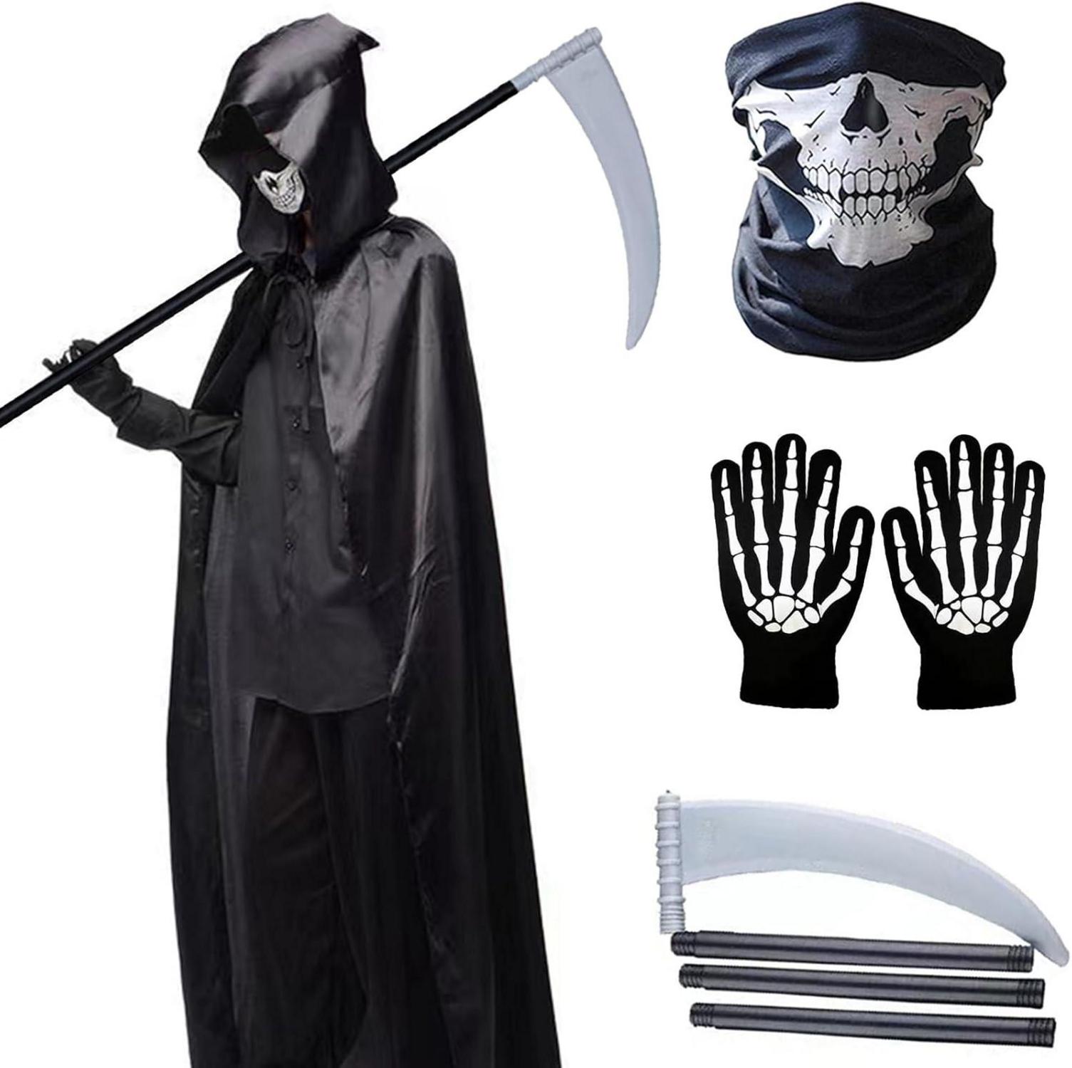 Sensenmann Kostüm Set Halloween Umhang Sense Maske Handschuhe
