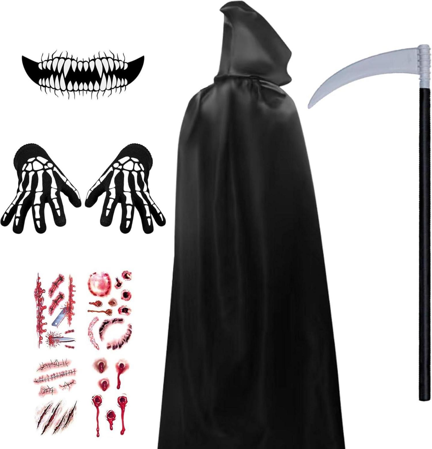 Halloween Umhang Schwarz Set Sensenmann Kostüm Sense Tattoos Vampir