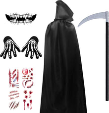 Halloween Umhang Schwarz Set Sensenmann Kostüm Sense Tattoos Vampir
