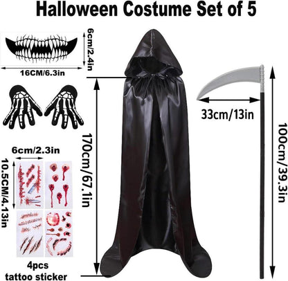Halloween Umhang Schwarz Set Sensenmann Kostüm Sense Tattoos Vampir