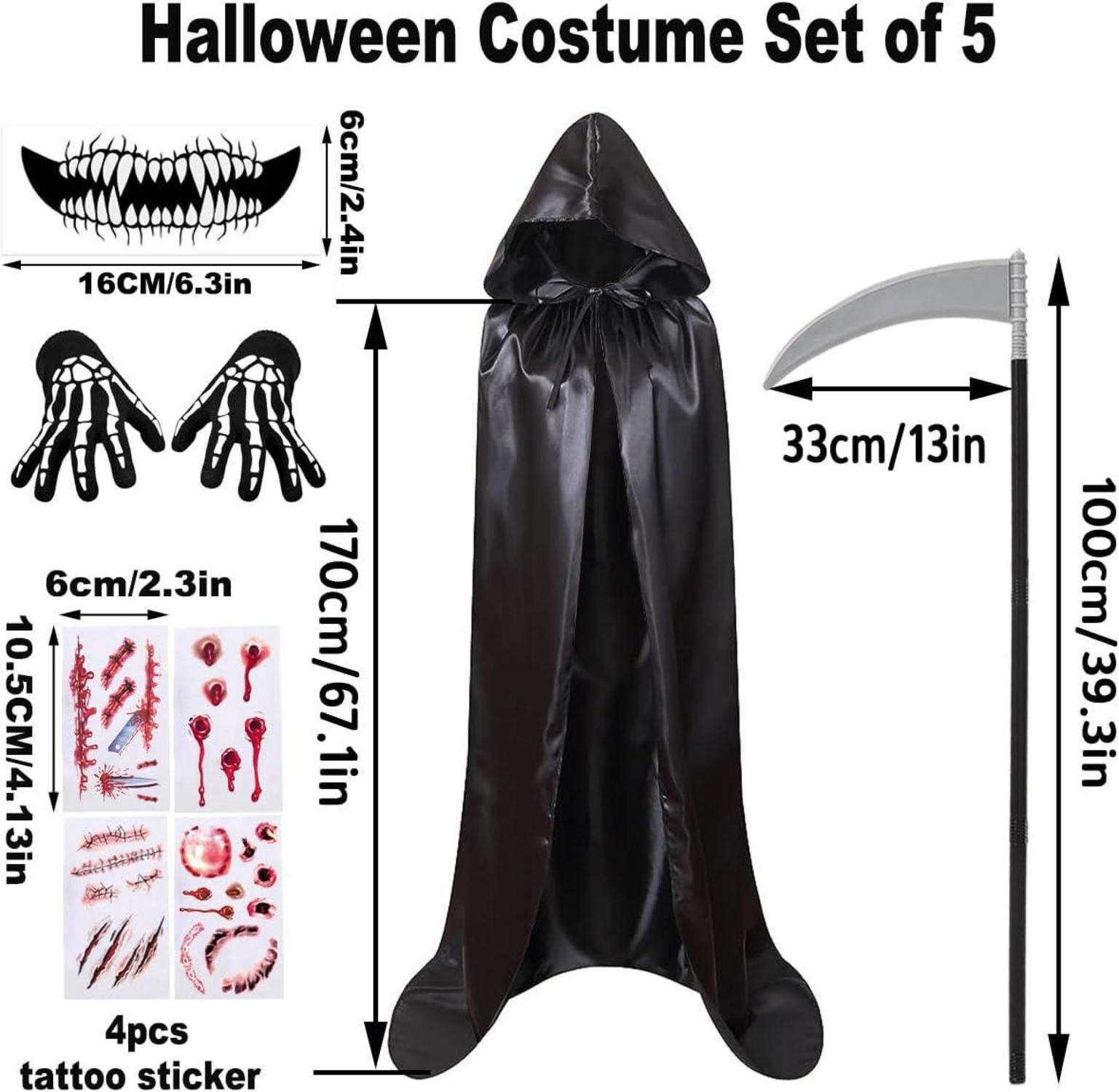 Halloween Umhang Schwarz Set Sensenmann Kostüm Sense Tattoos Vampir