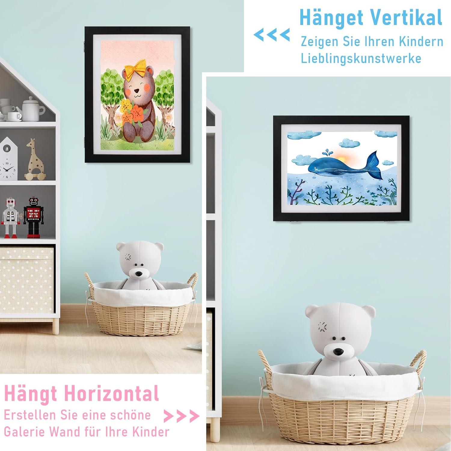 Kinder Bilderrahmen A4 aufklappbar schwarz 2er Set magnetisch Kinderzeichnungen