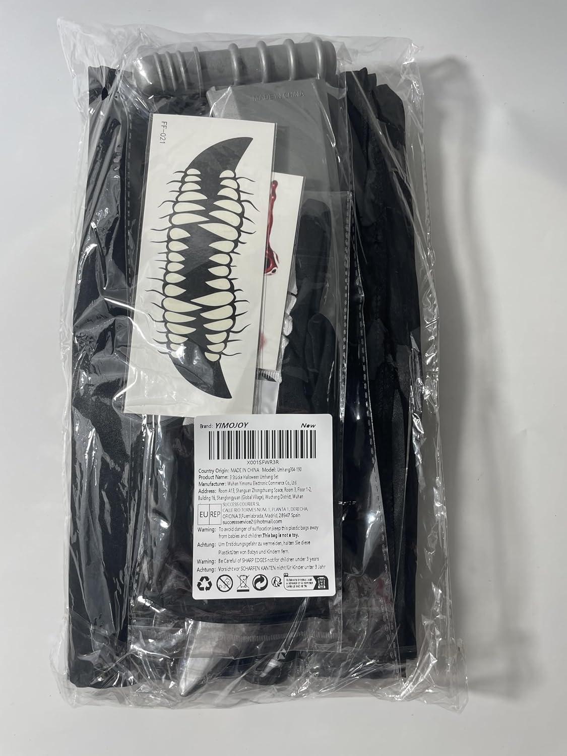 Halloween Umhang Schwarz Set mit Sense & Tattoos XL