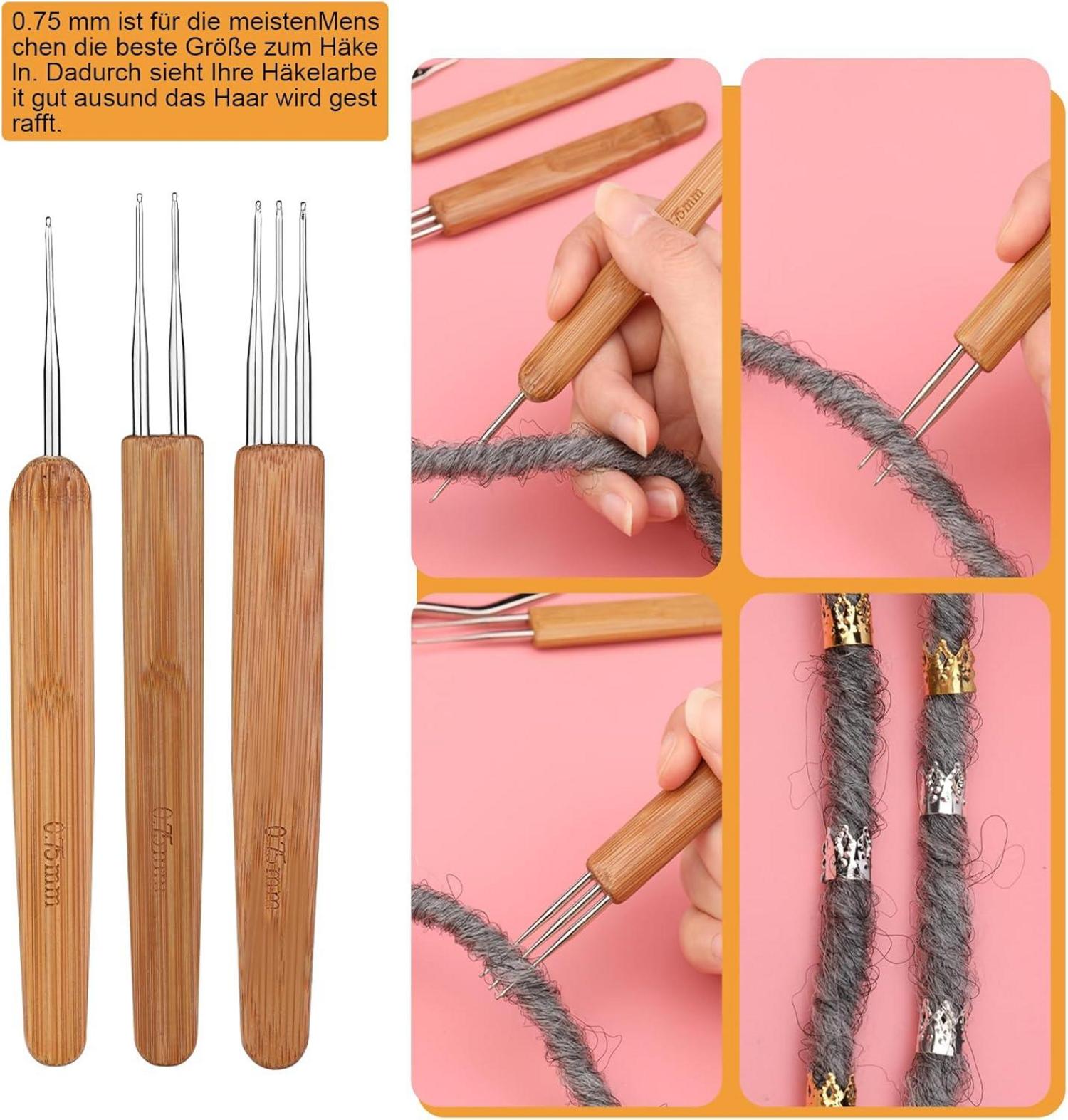 Dreadlock-Häkelnadel-Set 8-teilig mit Etui, Bambus-Griff, verschiedene Größen