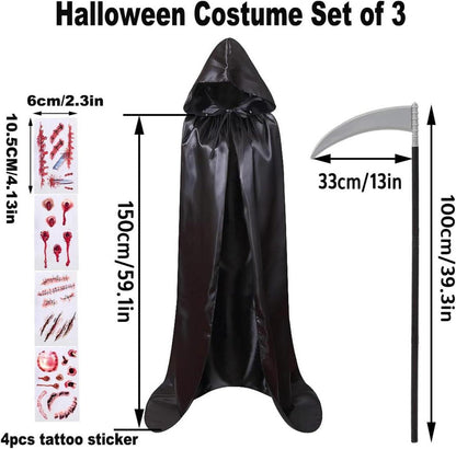 Halloween Umhang Set Schwarzer Sensenmann Kostüm mit Sense & Tattoos