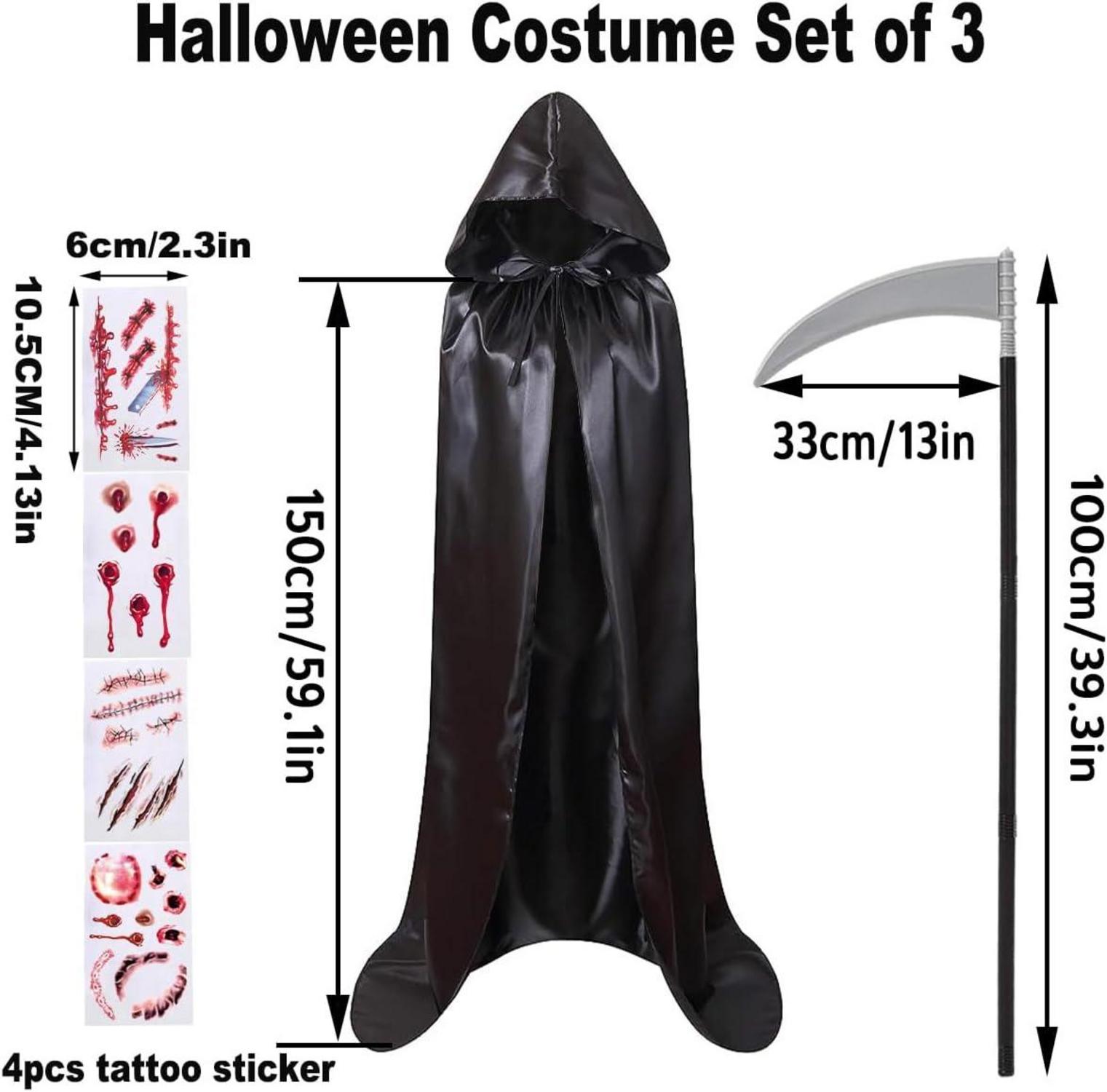 Halloween Umhang Set Schwarzer Sensenmann Kostüm mit Sense & Tattoos