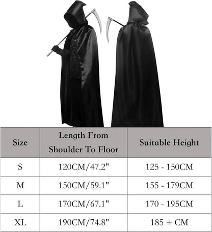 YIMOJOY Halloween Umhang Schwarz Set 150CM Sensenmann Kostüm Cosplay Karneval