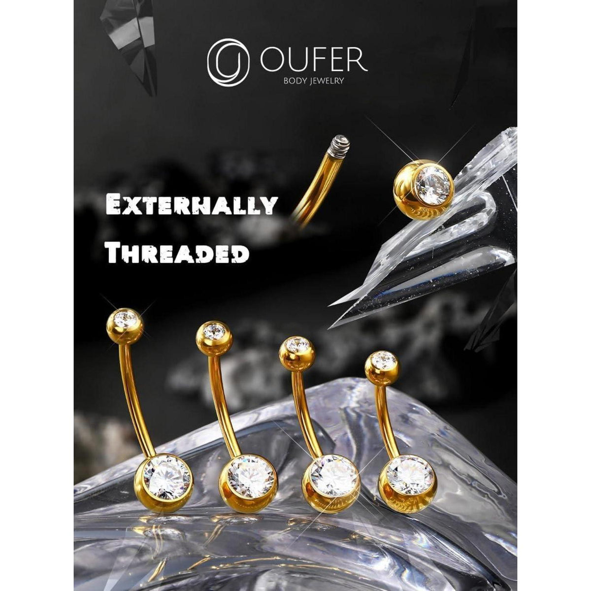 Bauchnabelpiercing Titan Gold 16mm mit Zirkonia Kugeln