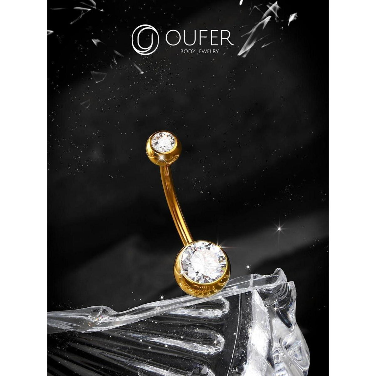 Bauchnabelpiercing Titan Gold 12mm mit klaren Zirkonia Kugeln
