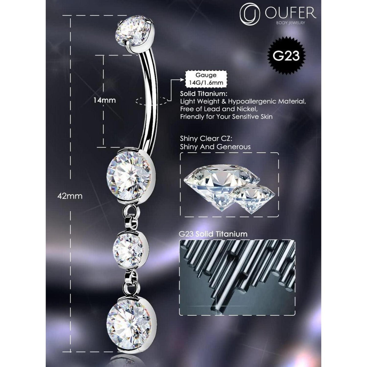 Bauchnabelpiercing Titan 14g 14mm mit klarem Zirkonia