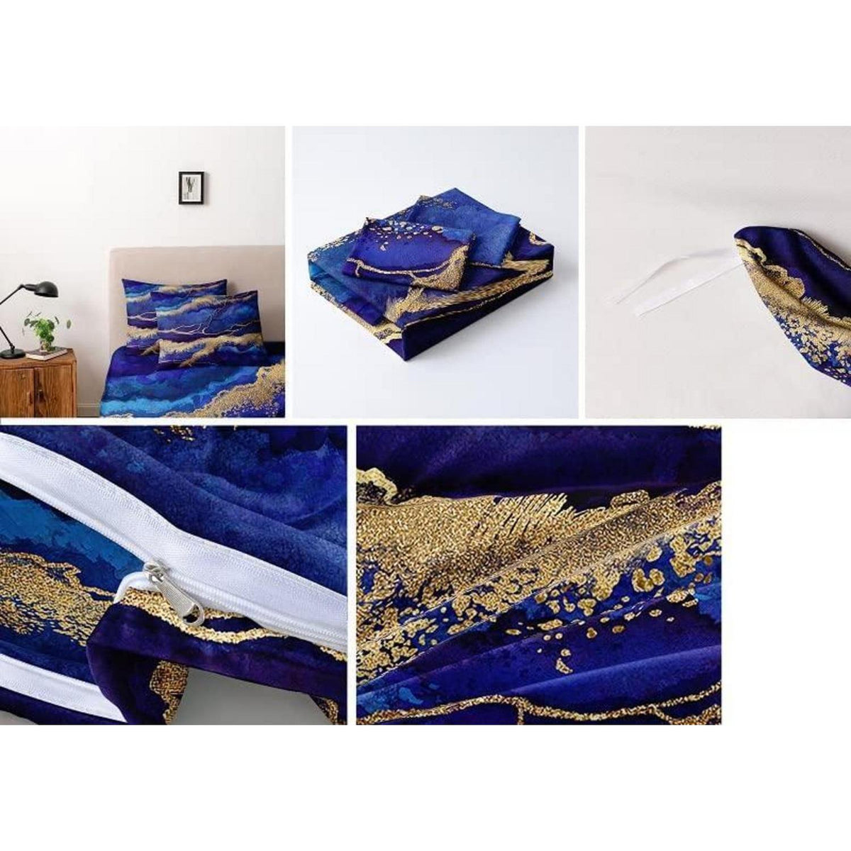 4tlg. Bettwäsche Set Marmor Gold Blau 135x200 cm Mikrofaser
