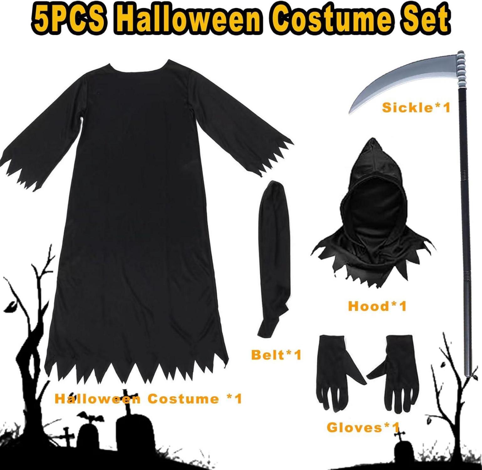 Kinder Sensenmann Kostüm mit Sense, Schwarz, Halloween Party Cosplay