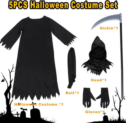 Kinder Sensenmann Kostüm mit Sense, Schwarz, Halloween Party Cosplay