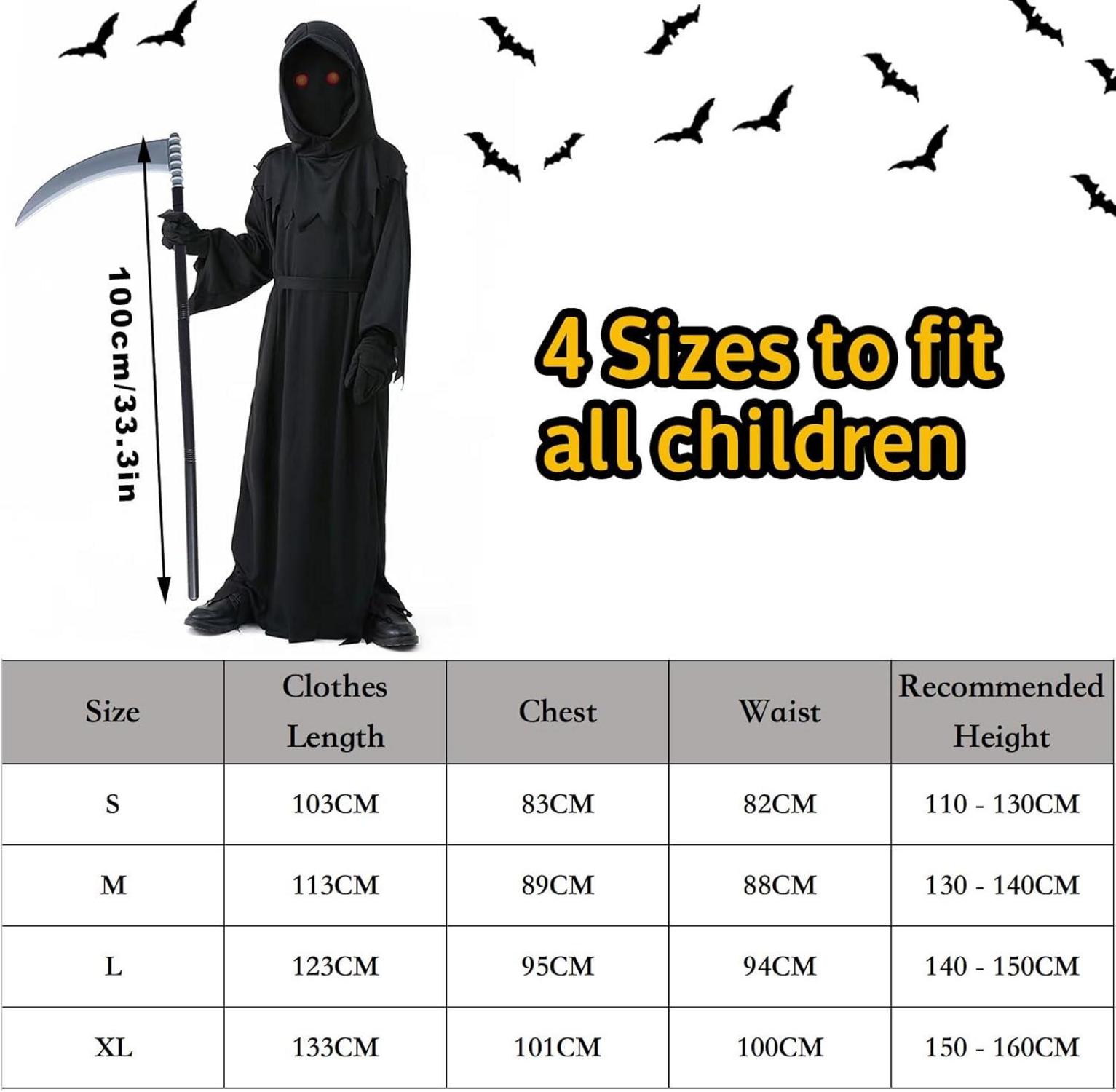 Kinder Sensenmann Kostüm mit Sense Schwarz Halloween 5-7 Jahre