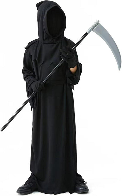Kinder Sensenmann Kostüm mit Sense Schwarz Halloween 5-7 Jahre