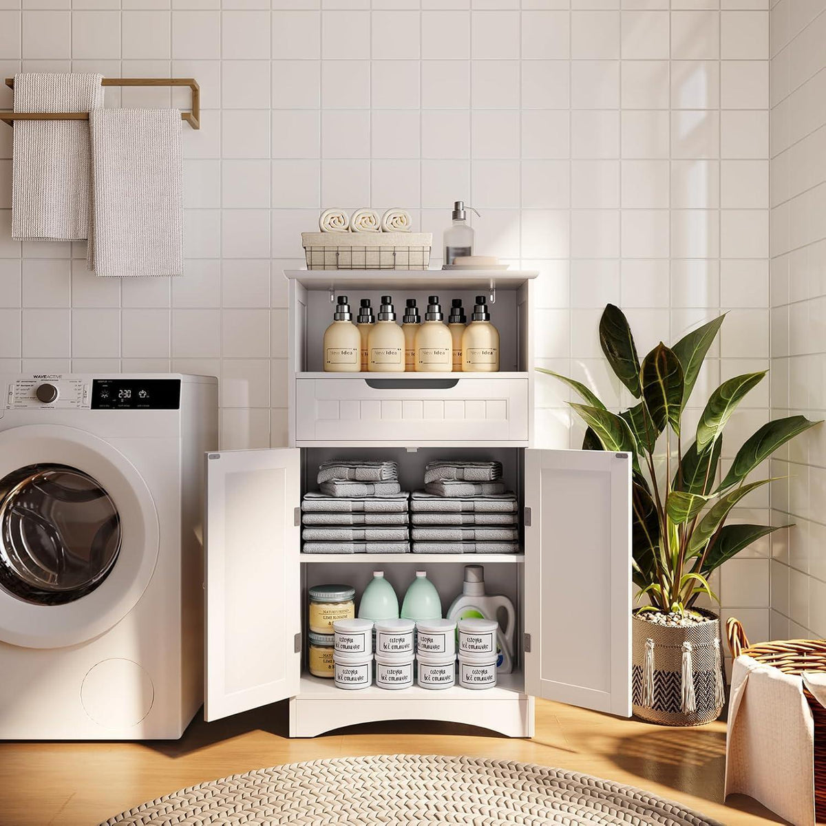 Badezimmerschrank mit Schublade & verstellbaren Regalen, Weiß