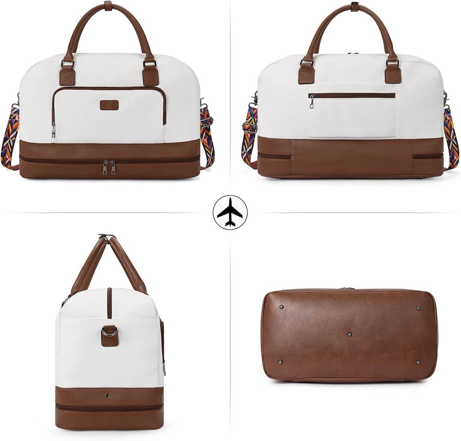Große Damen Reisetasche Weekender Handgepäck Canvas Sporttasche - Weiß/Braun