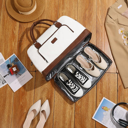 CLUCI Weekender Reisetasche Damen Canvas Handgepäck mit Schuhfach, Weiß/Braun